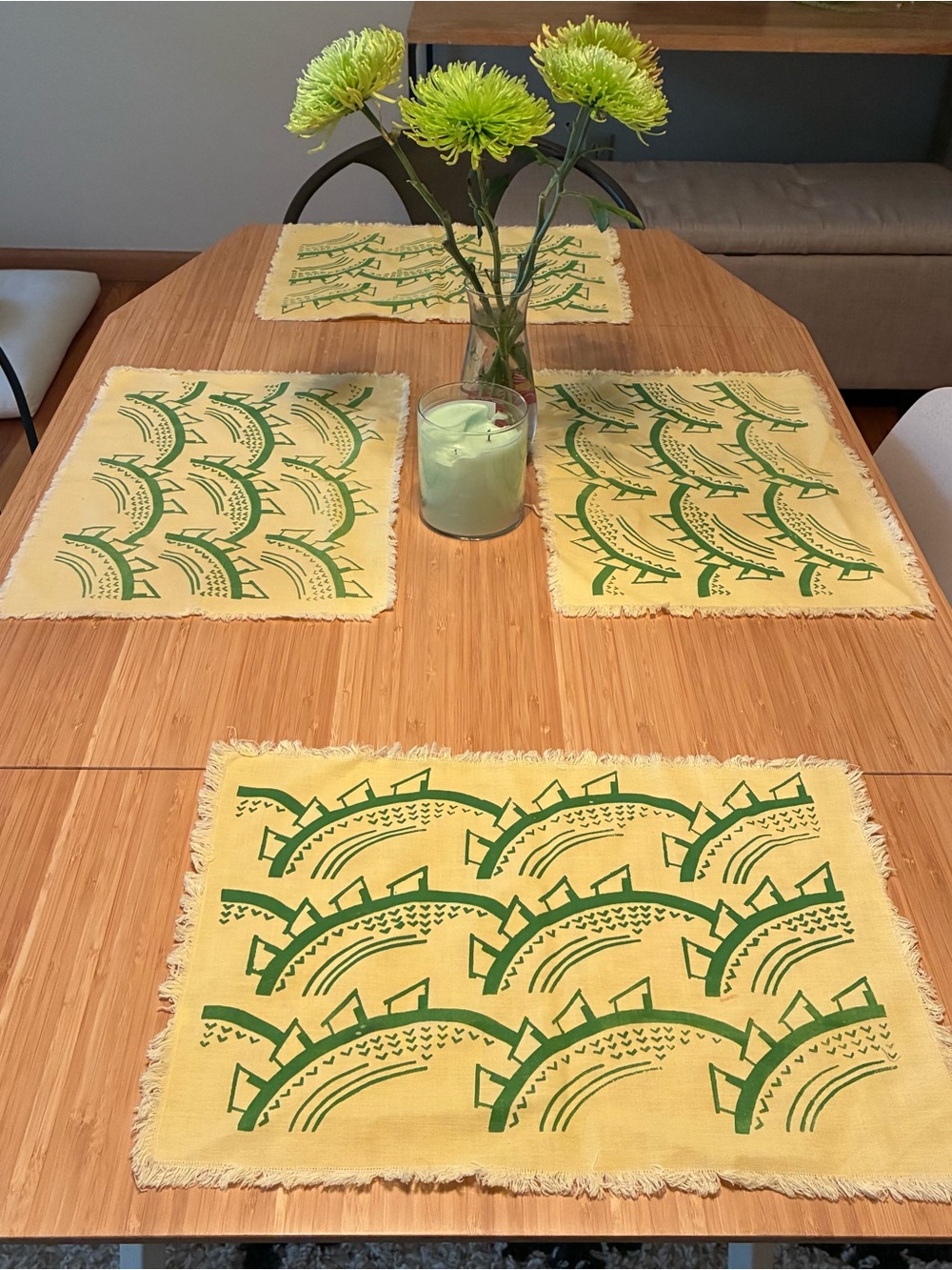 Vintage Yellow & Green Printed Cotton Placemat - Set of 4